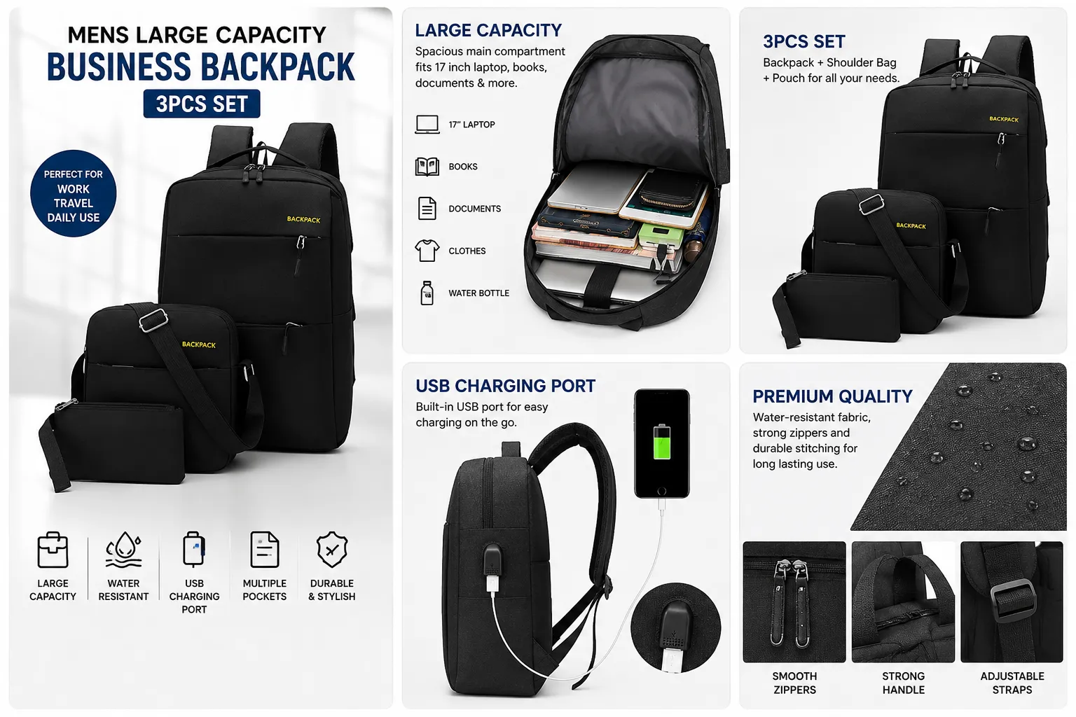 3PCS LARGE CAPACITY BUSINESS BACKPACK